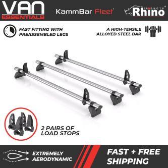 Volkswagen Caddy 2015 to 2020 all L1 models - 3 x Rhino KammBar Roof Bars + 2 Pairs Loadstops